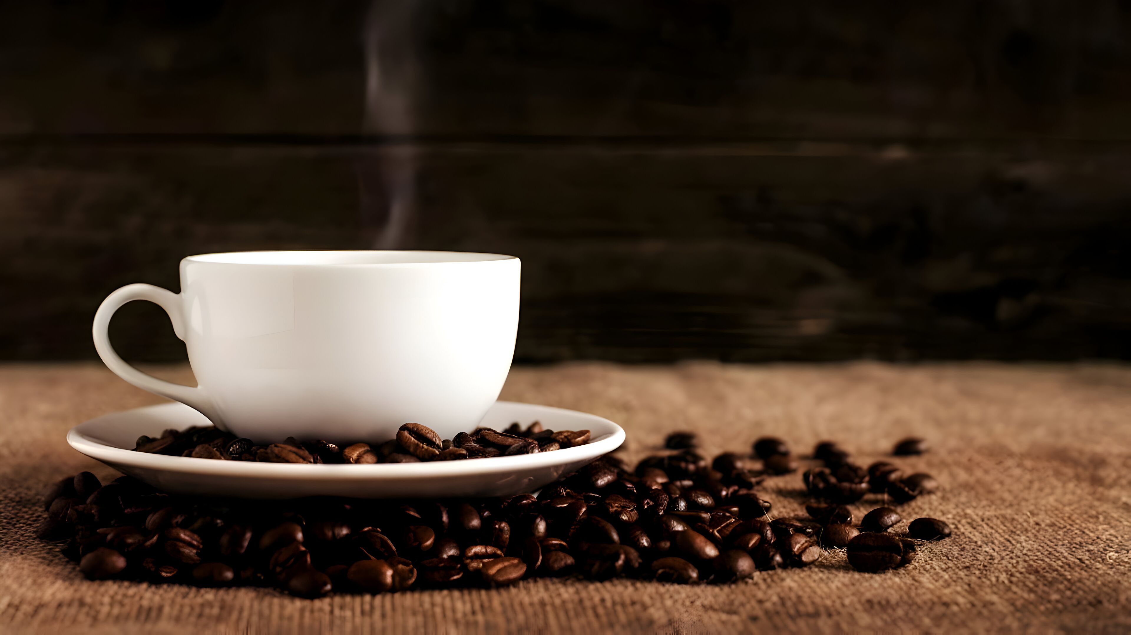 Una taza blanca sobre un plato, rodeada de granos de café.
