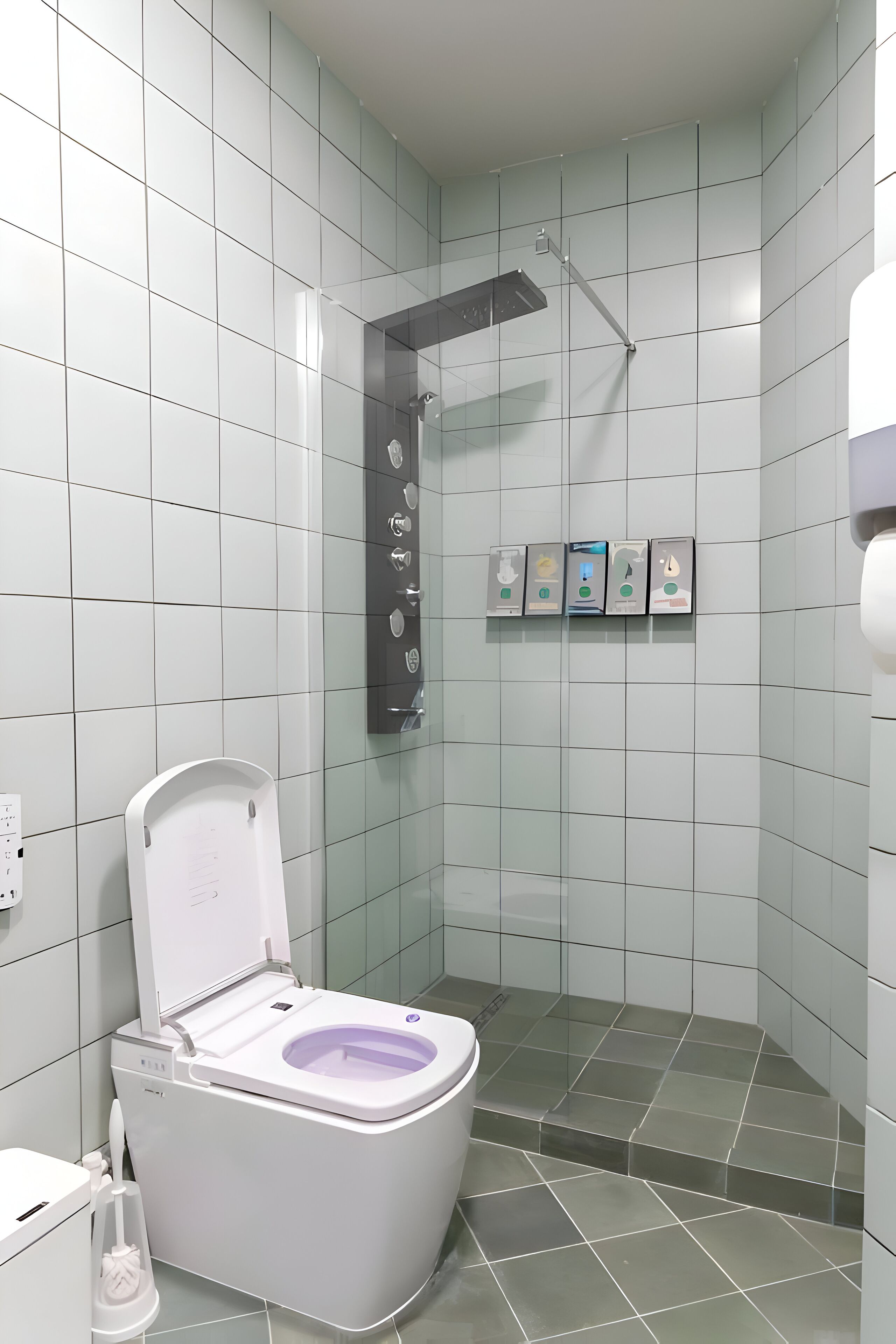 A modern bathroom with a white toilet, a glass shower enclosure, and a hand dryer.