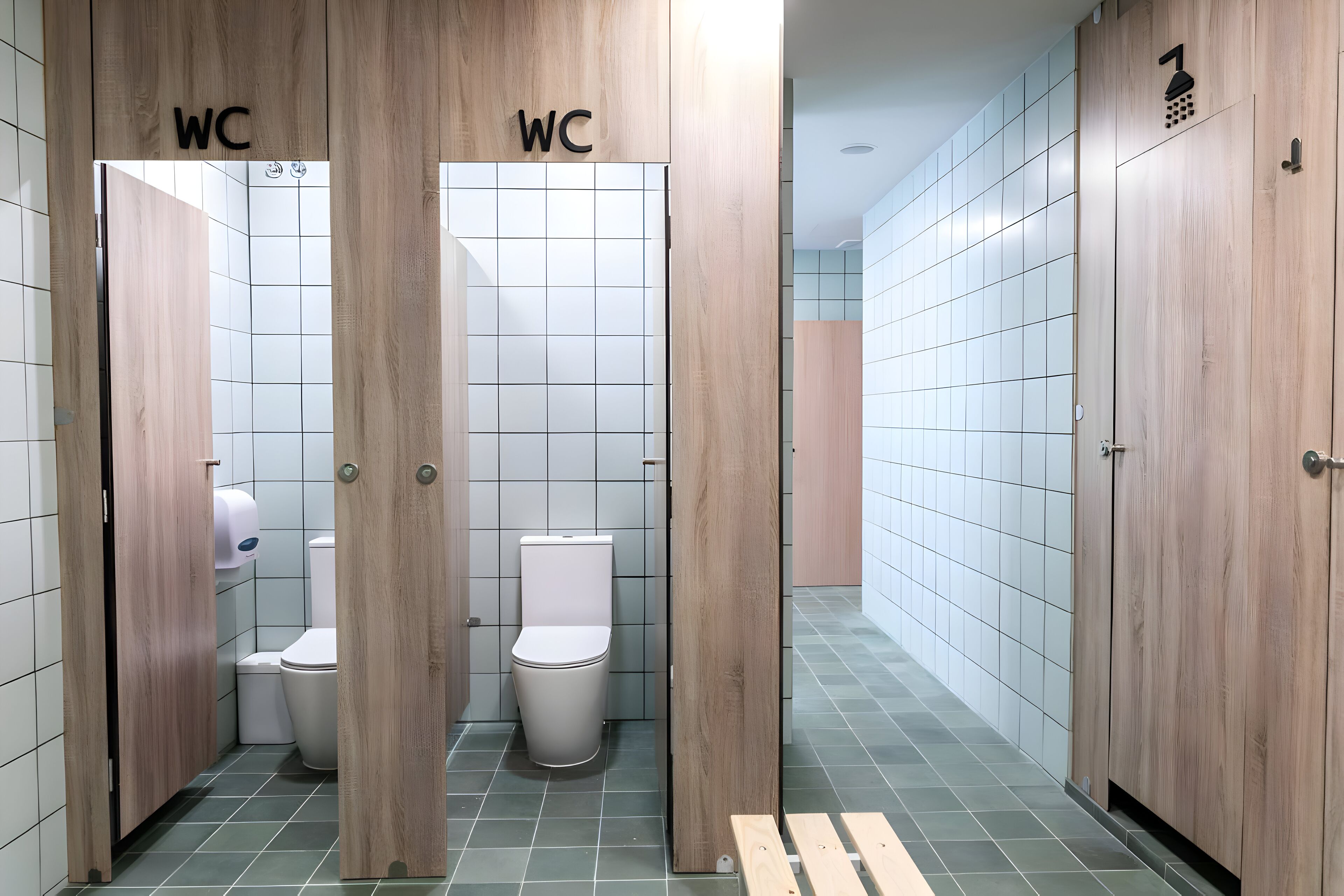 Des toilettes publiques comprenant deux cabinets, chacun étant signalé par une pancarte « WC », et un sèche-mains.