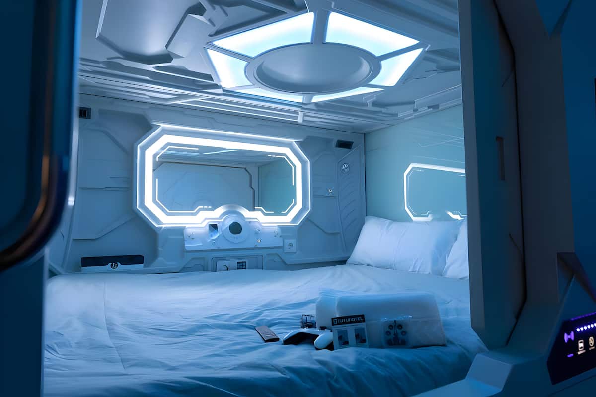 Une pièce futuriste avec un lit, un panneau de contrôle et un luminaire circulaire au plafond.
