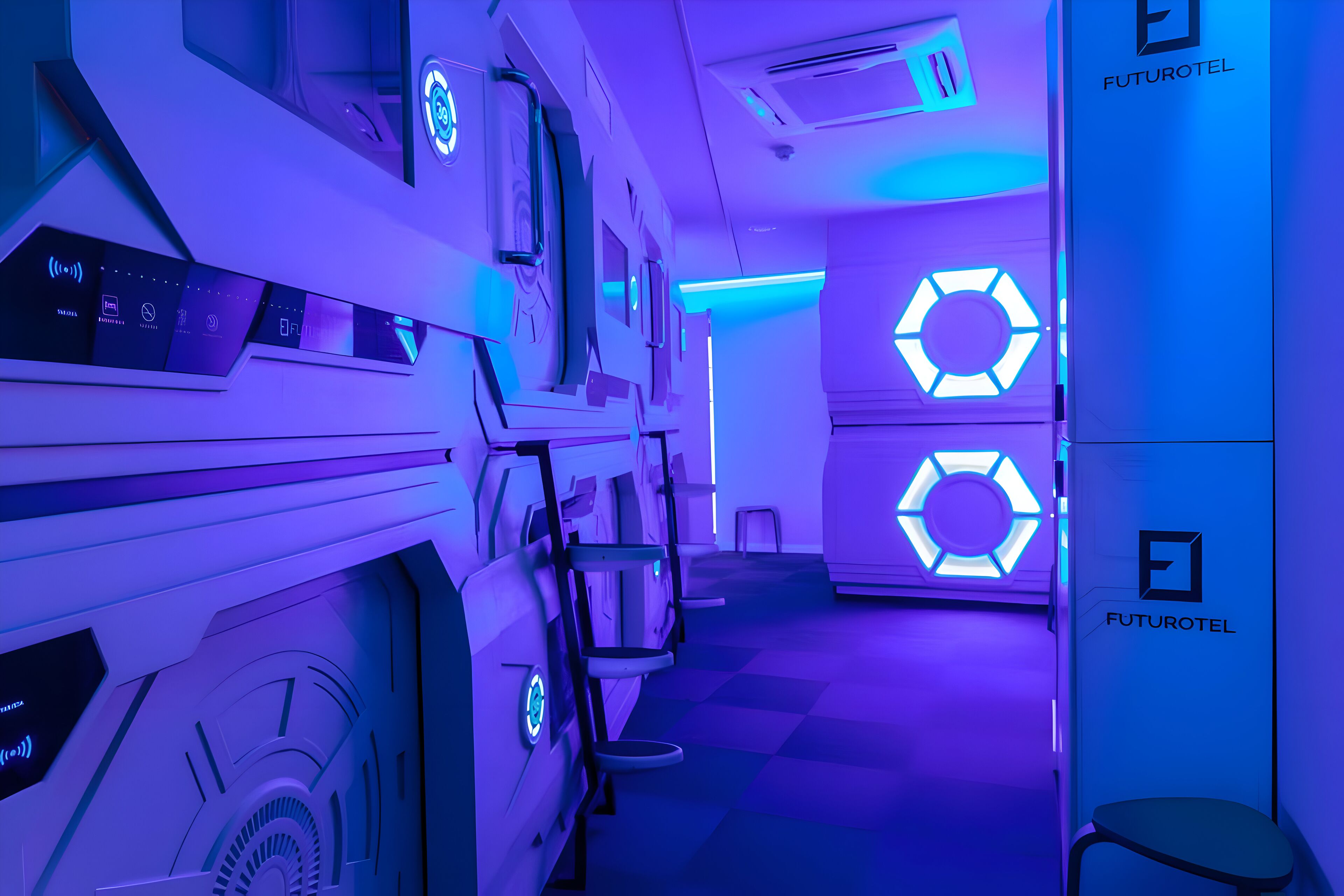 A futuristic hotel interior with a check-in kiosk, digital displays, and hexagonal light fixtures.