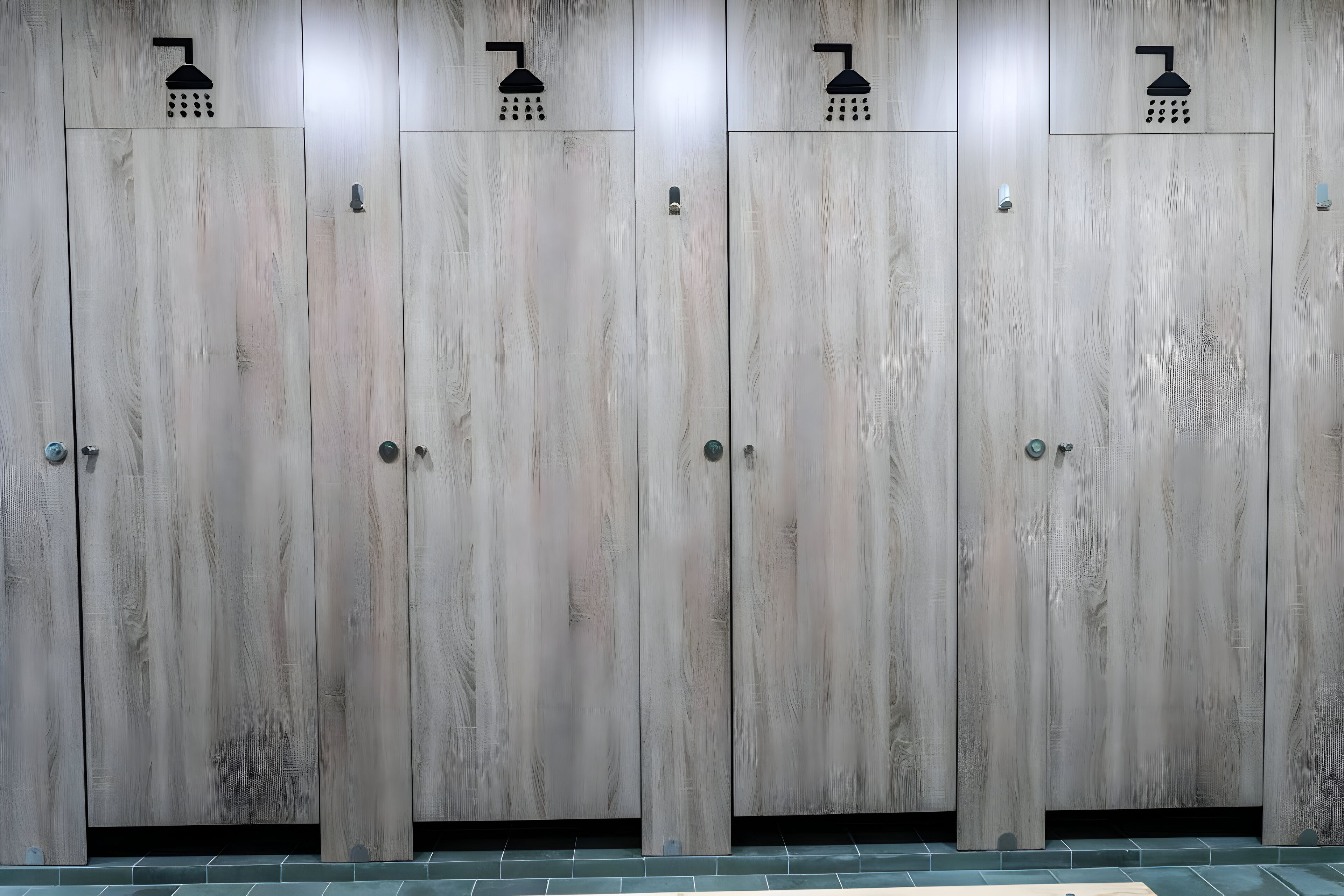 Una fila de taquillas de madera con símbolos de ducha encima, indicando instalaciones para duchas.