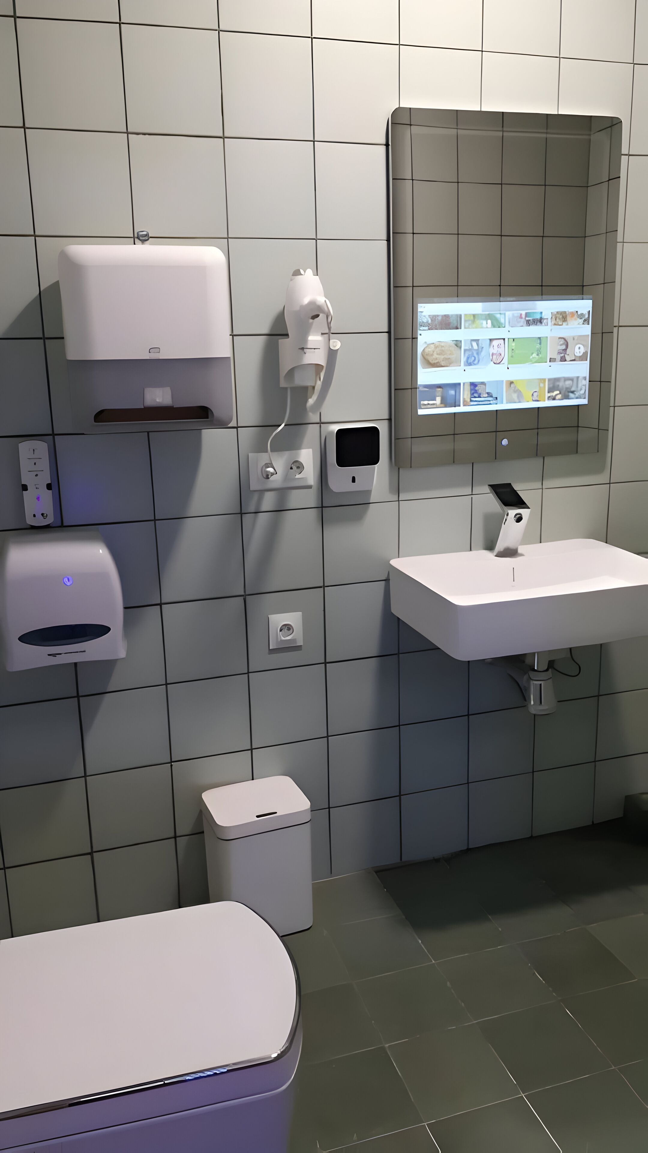 Un baño moderno con inodoro, lavabo y secador de manos.