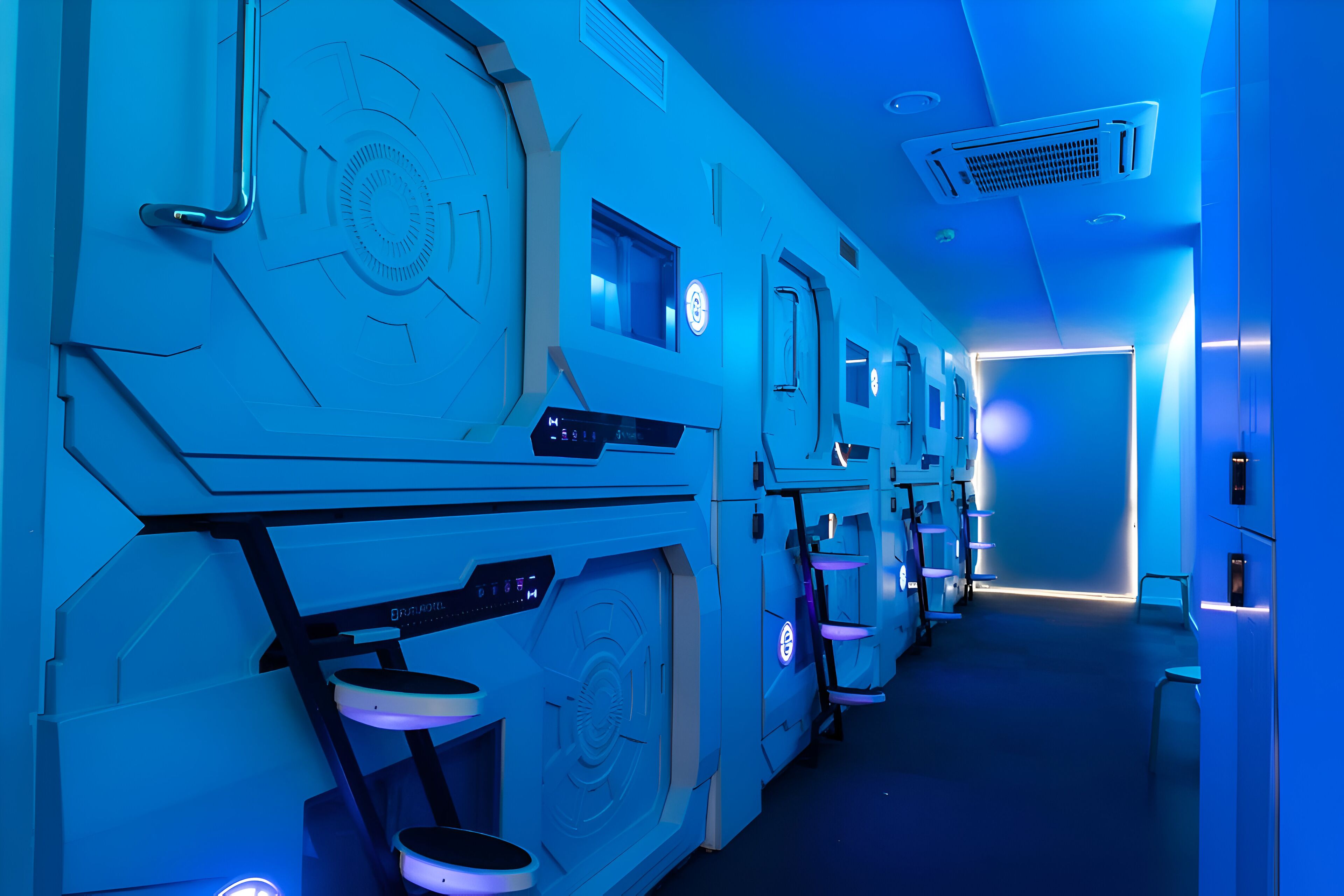 A corridor with multiple rooms, each with a control panel and a window.