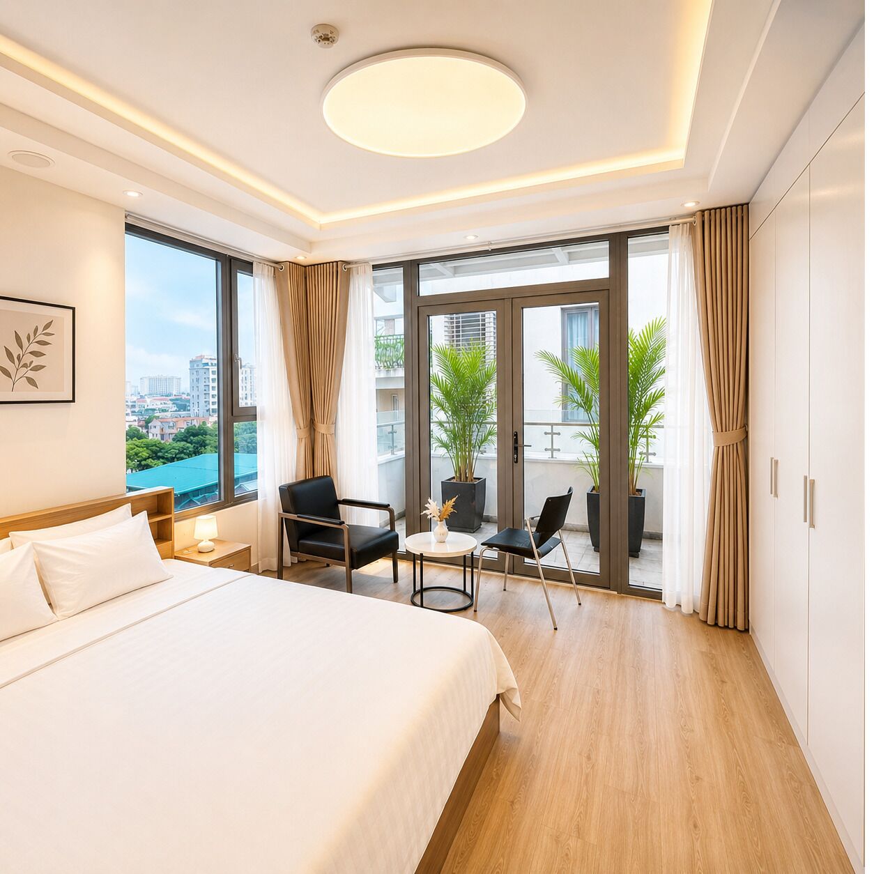 Premium bedding, pillow-top beds, desk, laptop workspace