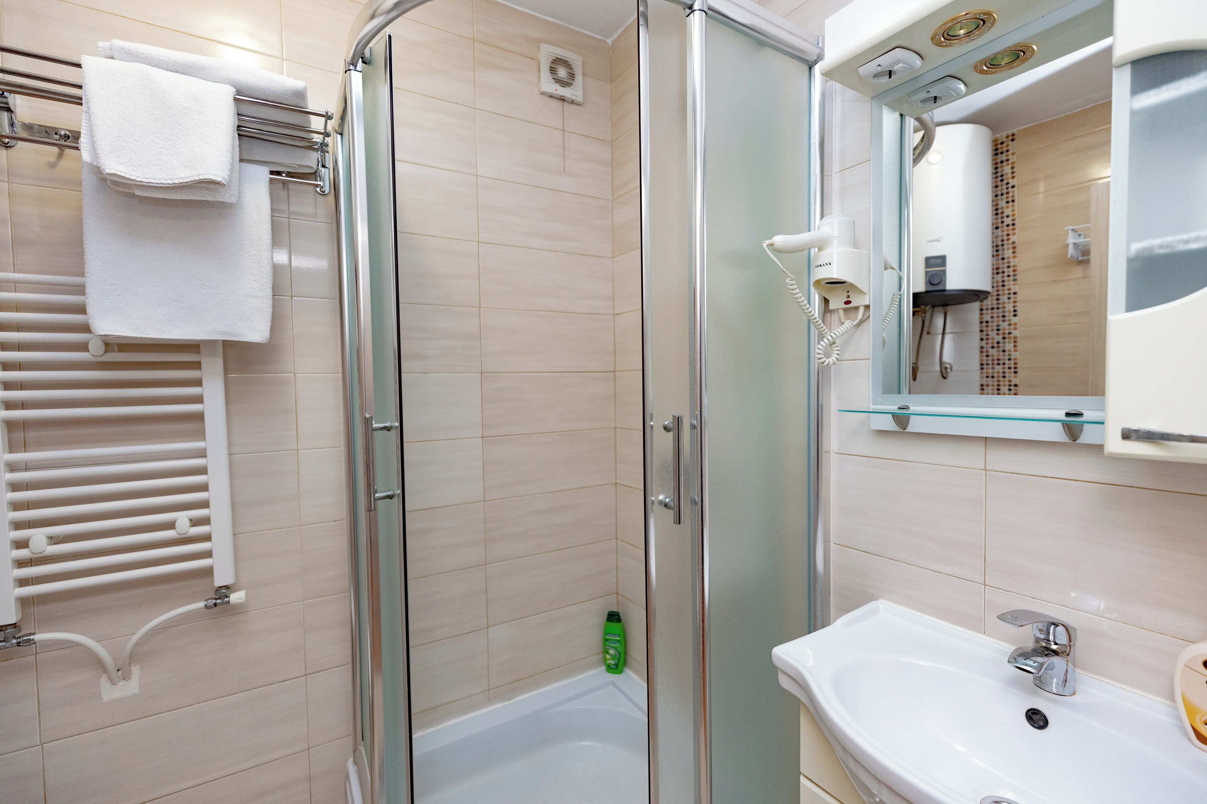 A modern bathroom with a glass-enclosed shower, a white sink, and a mirror with a glass shelf above it.