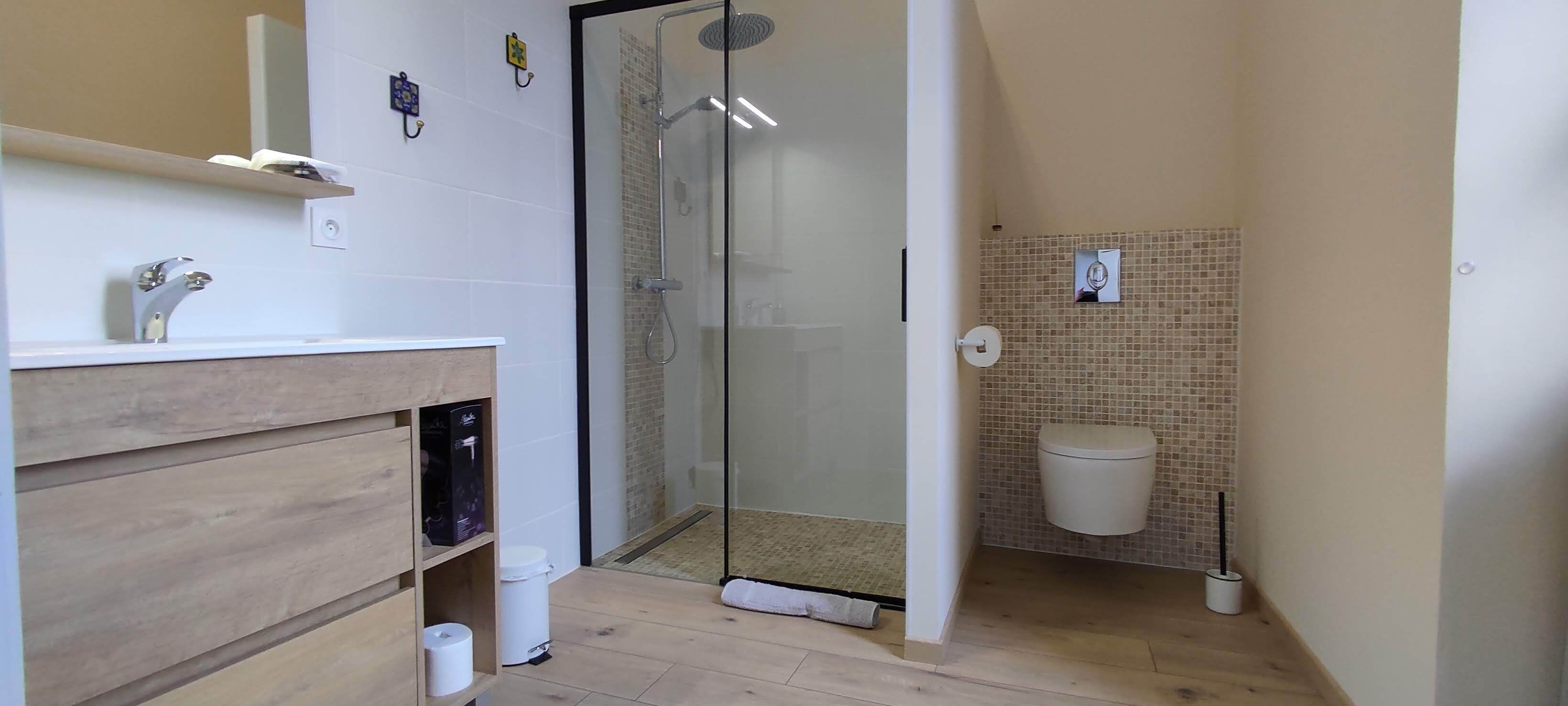 A bathroom with a glass-enclosed shower, a toilet, and a sink with a wooden vanity.