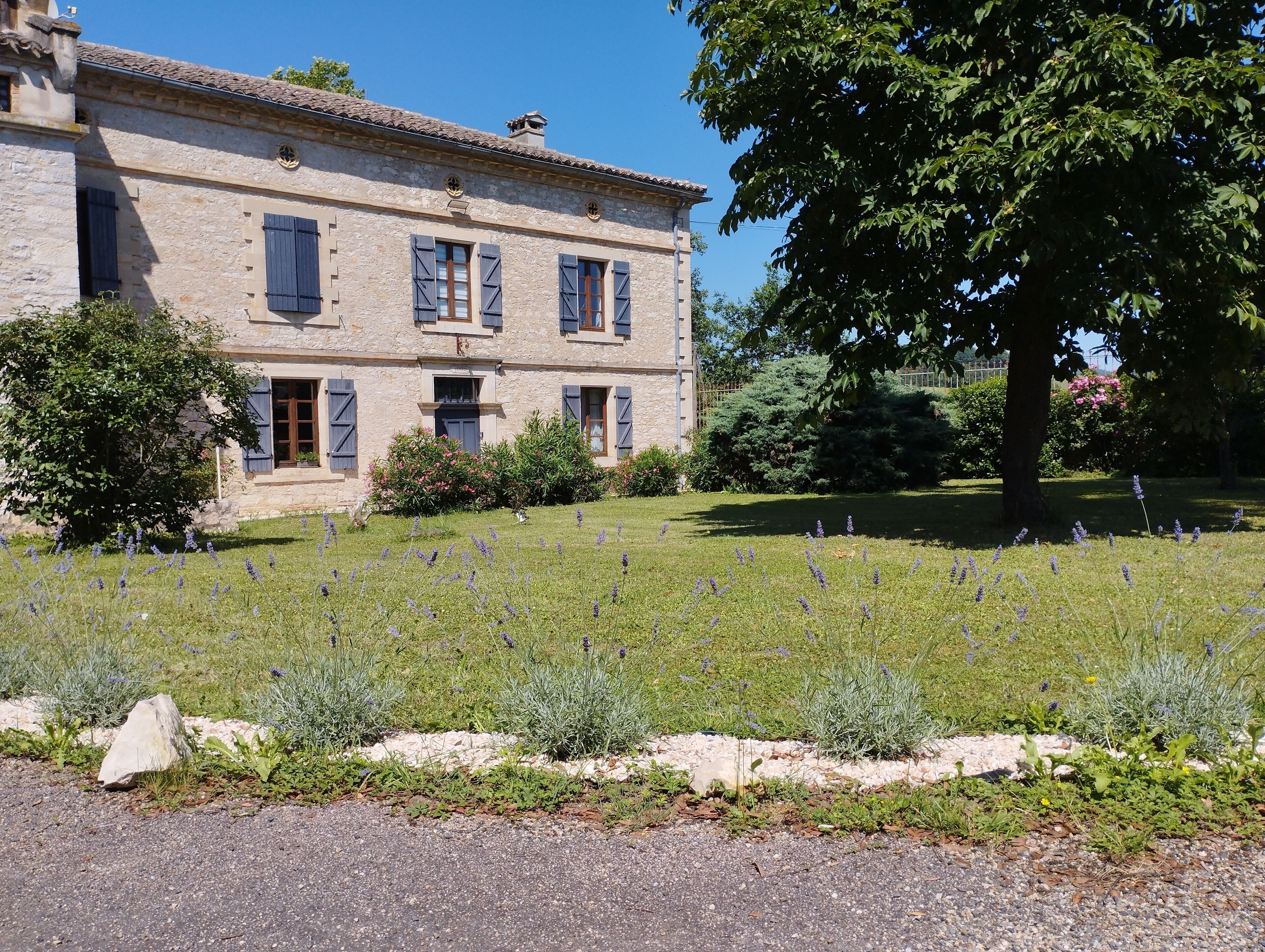 Un edificio de piedra con múltiples ventanas y contraventanas, rodeado de un jardín bien cuidado con lavanda y otra vegetación.