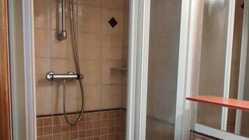A bathroom with a shower enclosure, a sink, and a mirror.