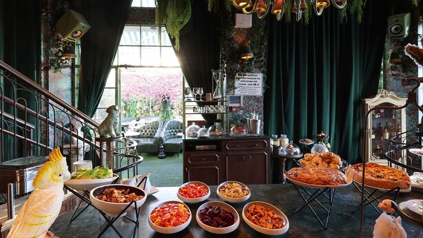A dining area with a variety of dishes, a parrot, and a view of a garden through a window. - TLV Port Boutique Residence (Tel Aviv)