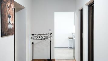 Un couloir avec un plancher en bois, un porte-manteau, un tableau représentant un lion et une porte donnant sur une autre pièce.
