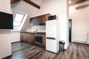 Business Apartment | Private kitchen | Full-size fridge, microwave, oven, stovetop