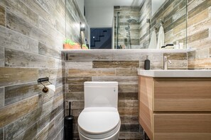 Hair dryer, towels, soap, toilet paper