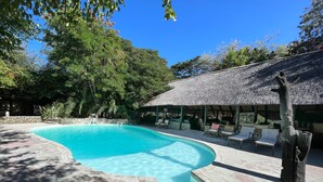 Una piscina de borde curvo, rodeada de baldosas de piedra y con sombra de árboles.