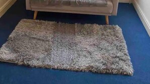 A corner room with a beige sofa, a blue carpet, and a window with a view of buildings. - Flat 3, 52 Sneinton Hermitage Nottingham NG2 4BS (Nottingham)