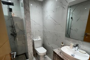 Shower, hair dryer, towels