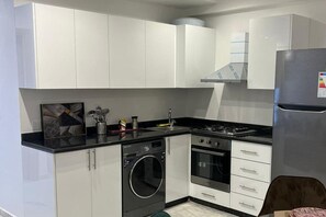 Fridge, microwave, oven, electric kettle