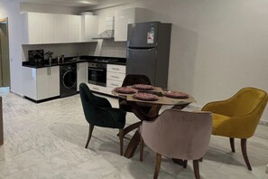 Fridge, microwave, oven, electric kettle