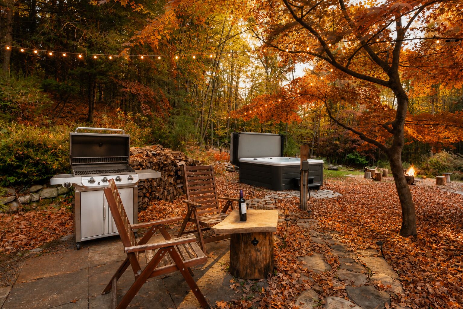 Een terras buiten met een barbecue, zitplaatsen, een jacuzzi en een vuurkorf.