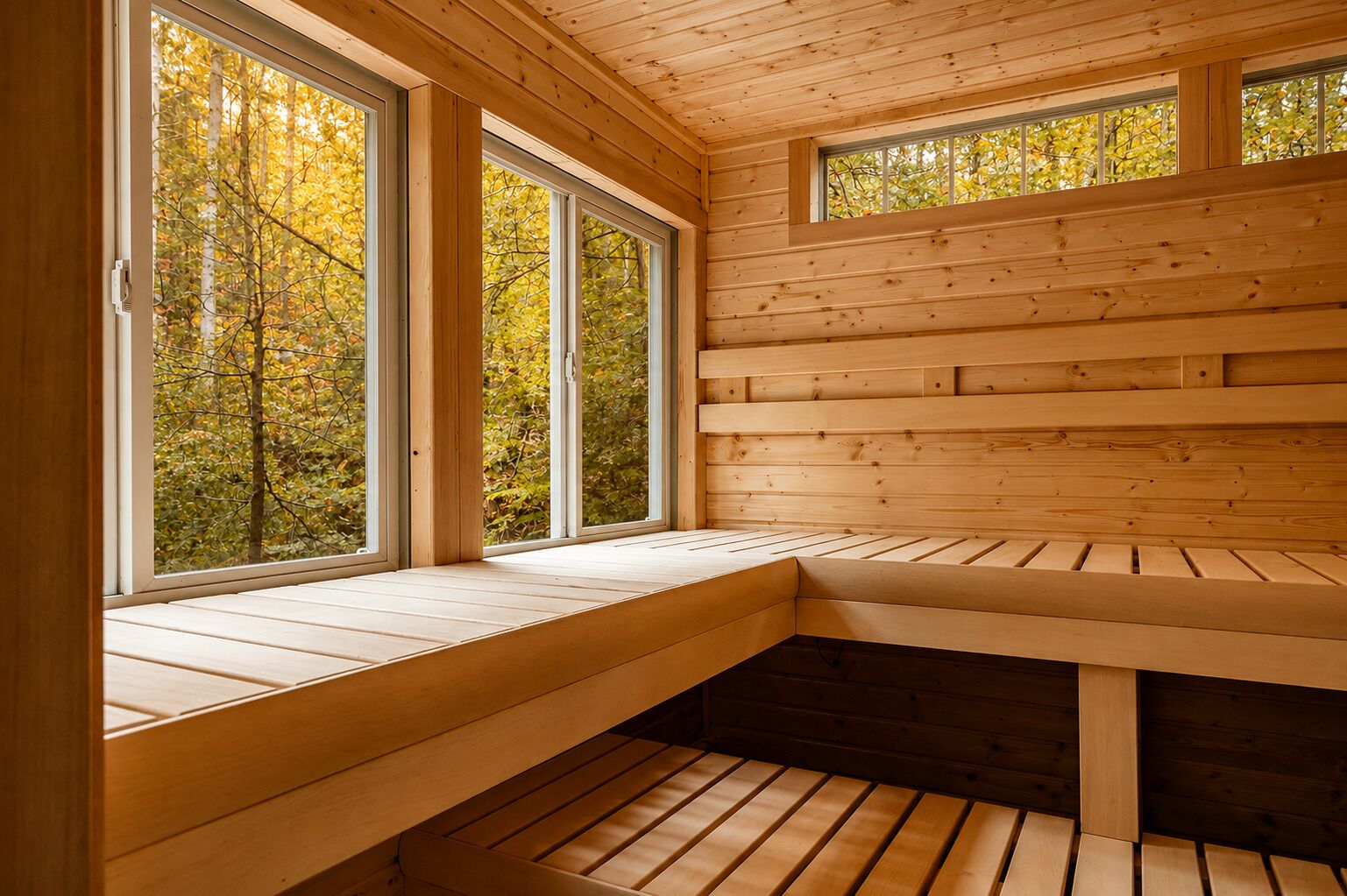 Interno di una baita in legno con ampie finestre, una panca integrata e un soffitto spiovente.