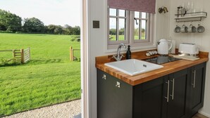 A kitchen with a large window, a sink, a coffee maker, and a toaster. - Dragonfly Shepherd's Hut (Llanarth)