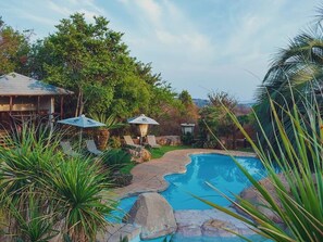 A swimming pool with a stone edge, surrounded by tropical plants and a wooden deck. - Cussonia Country Home (Tierpoort)