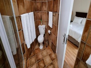 A bathroom with a toilet, a sink, and a shower area. There is a bed visible in the adjacent room. - Cussonia Country Home (Tierpoort)