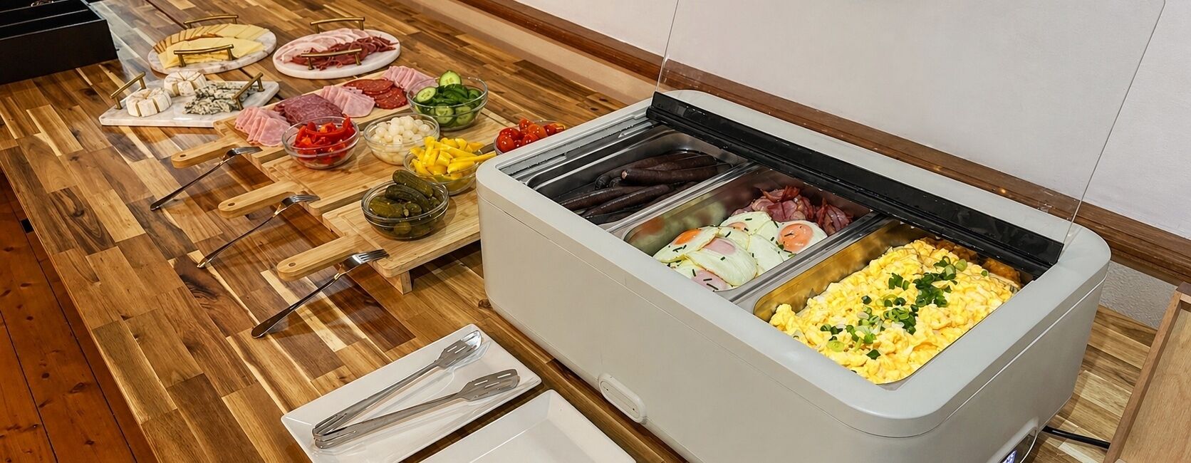 A buffet setup with various food items and utensils.