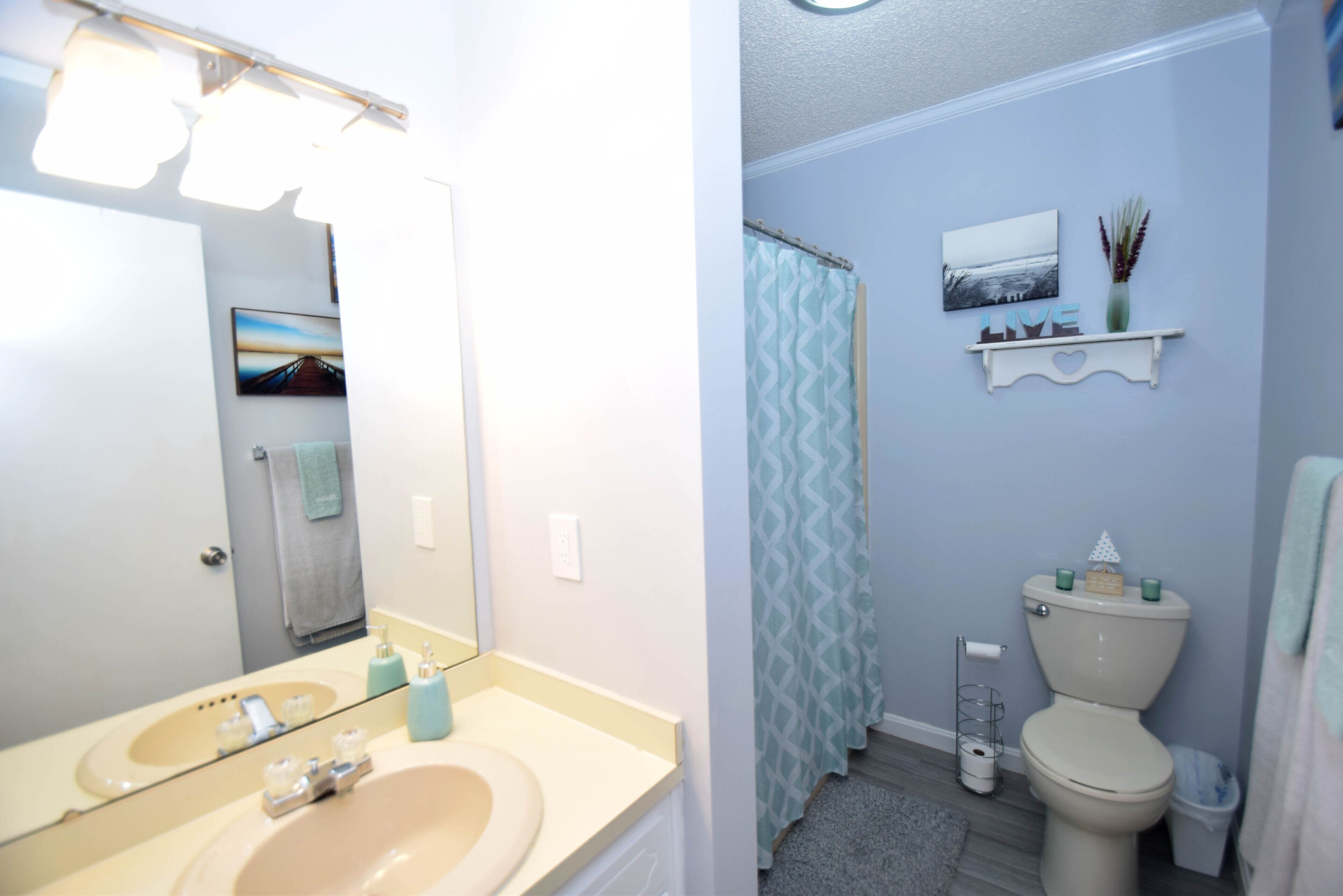 Une salle de bain équipée d’un lavabo, d’un miroir, de toilettes, d’un rideau de douche et d’une étagère contenant des articles de toilette.