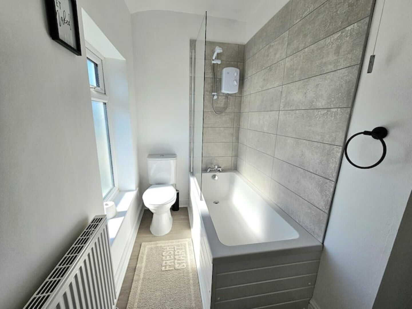 Hair dryer, towels, soap, toilet paper