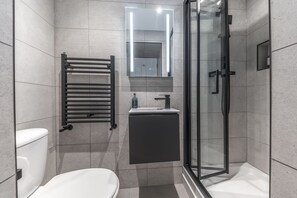 A modern bathroom with a glass shower enclosure, a toilet, and a sink with a mirror above. - Edge Mere Apartment  - sleeps 4 guests  in 2 bedrooms (Bowness-on-Windermere)