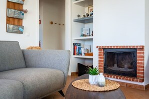 TV, fireplace, books