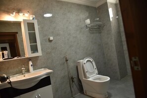 A bathroom with a white sink, a mirror, a toilet, and a shower.
