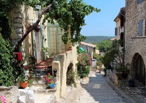 A narrow cobblestone street flanked by stone buildings with arched doorways, potted plants, and a sign for a bar.