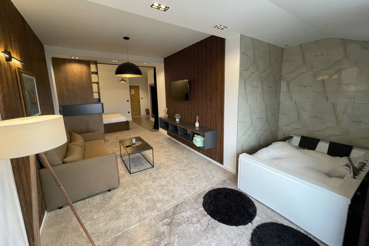 Un salon moderne avec un canapé, une table basse et un téléviseur fixé au mur. Il y a aussi une salle de bain avec une baignoire et une douche.