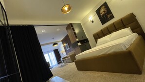 A modern hotel room with a large bed, a ceiling light, a wall-mounted picture, and a view of the hallway. - ROZAFA (Bujanovac)