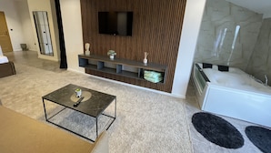 A modern living room with a flat-screen TV mounted on a wooden panel wall, a coffee table, a sofa, and a bathtub with a shower. - ROZAFA (Bujanovac)