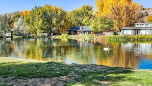 A serene lakeside setting with a swan on the water, surrounded by autumn-colored trees and a small building with a sloped roof.