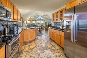 Fridge, microwave, oven, stovetop - Soundside Dog Friendly w/ Private Pool, Hot Tub, Elevator, Nearby Beach Access (Avon)