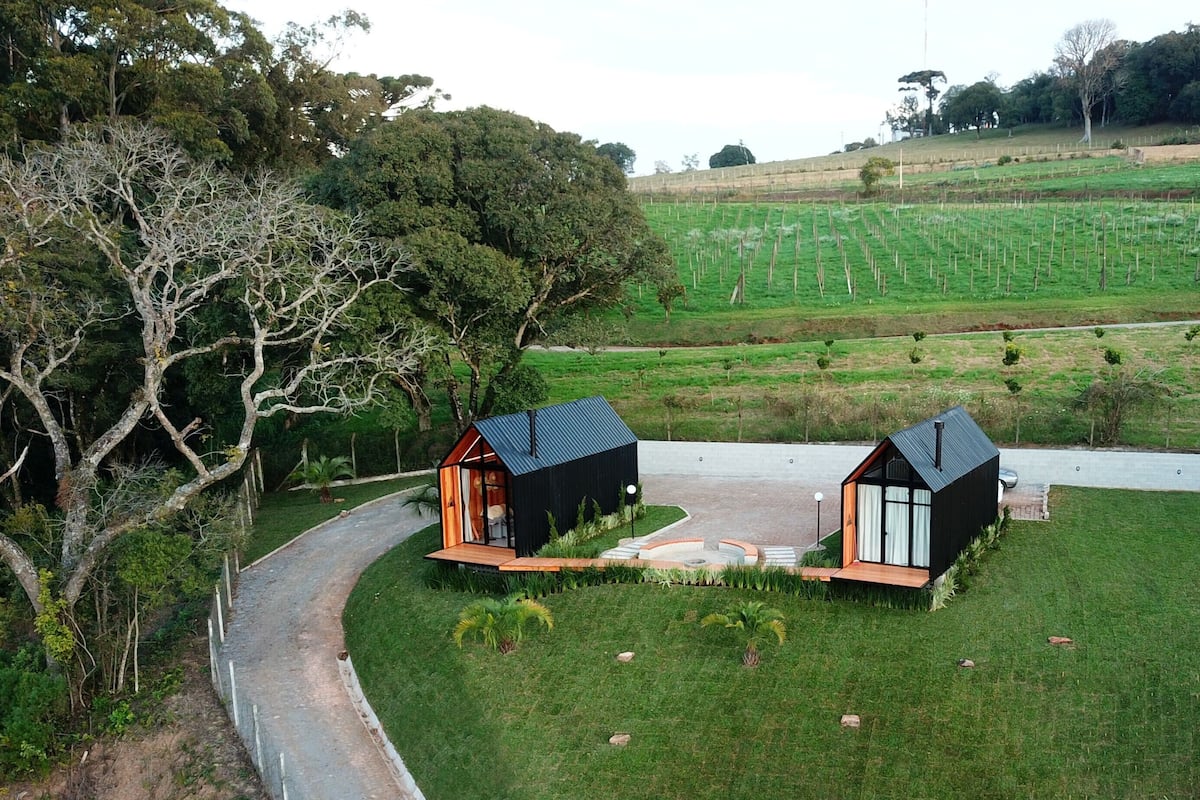 Two modern cabins with black roofs, surrounded by lush greenery and a winding path.