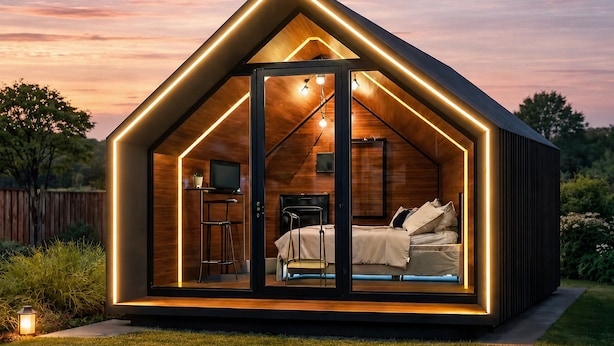 A modern, A-frame wooden cabin with a bed, desk, and TV. - Alta Vista Cabanas (Garibaldi)