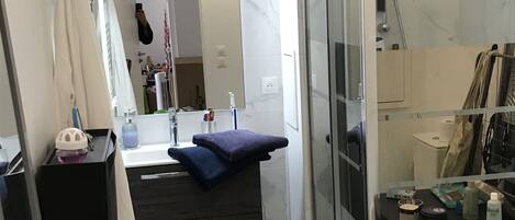 Secador de cabelo, toalhas de banho, sabonete, papel higiênico