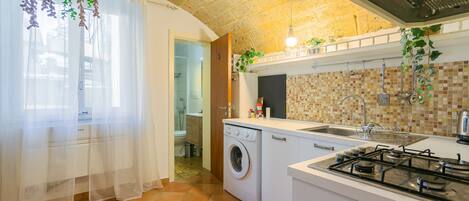 Fridge, microwave, electric kettle, cookware/dishes/utensils