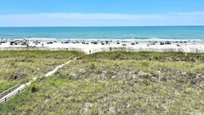A beach with a clear sky, sandy shore, and a grassy area in the foreground. - Tequila Sunrise - 2BR Oceanfront (North Myrtle Beach)