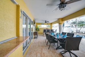 Outdoor dining - Luxe Cape Coral Retreat w/ Pool ~ 7 Mi to Beach! (Cape Coral)