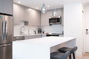 Apartamento de lujo | Cocina privada | Frigorífico grande, microondas, horno y lavavajillas