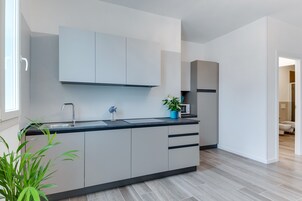 Apartamento, 2 habitaciones, planta baja | Cocina básica privada | Frigorífico grande, microondas, placa de cocina y lavavajillas