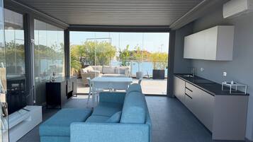 Apartamento panorâmico, 2 quartos, terraço, vista para a cidade | Área de estar | TV LCD