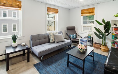 A living room with a grey sofa, a black armchair, a coffee table, and a blue rug. There are two windows with blinds, a bookshelf, and a potted plant.