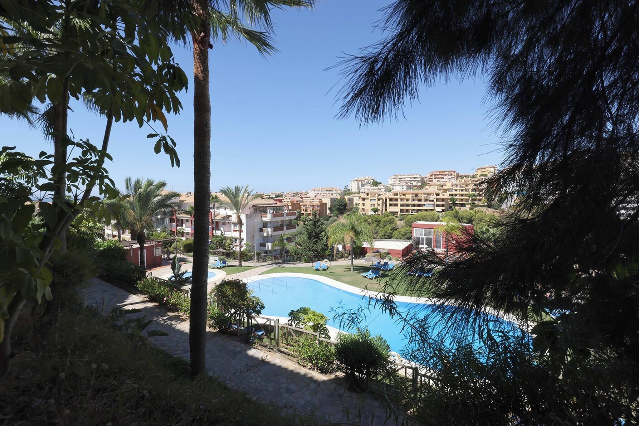 A swimming pool surrounded by greenery and buildings.